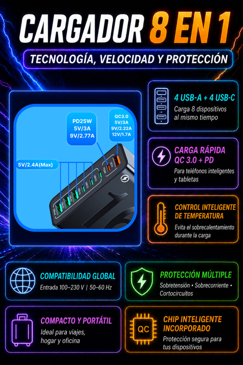 Carga 8 en 1 — 8 puertos, cero goteo ⚡
