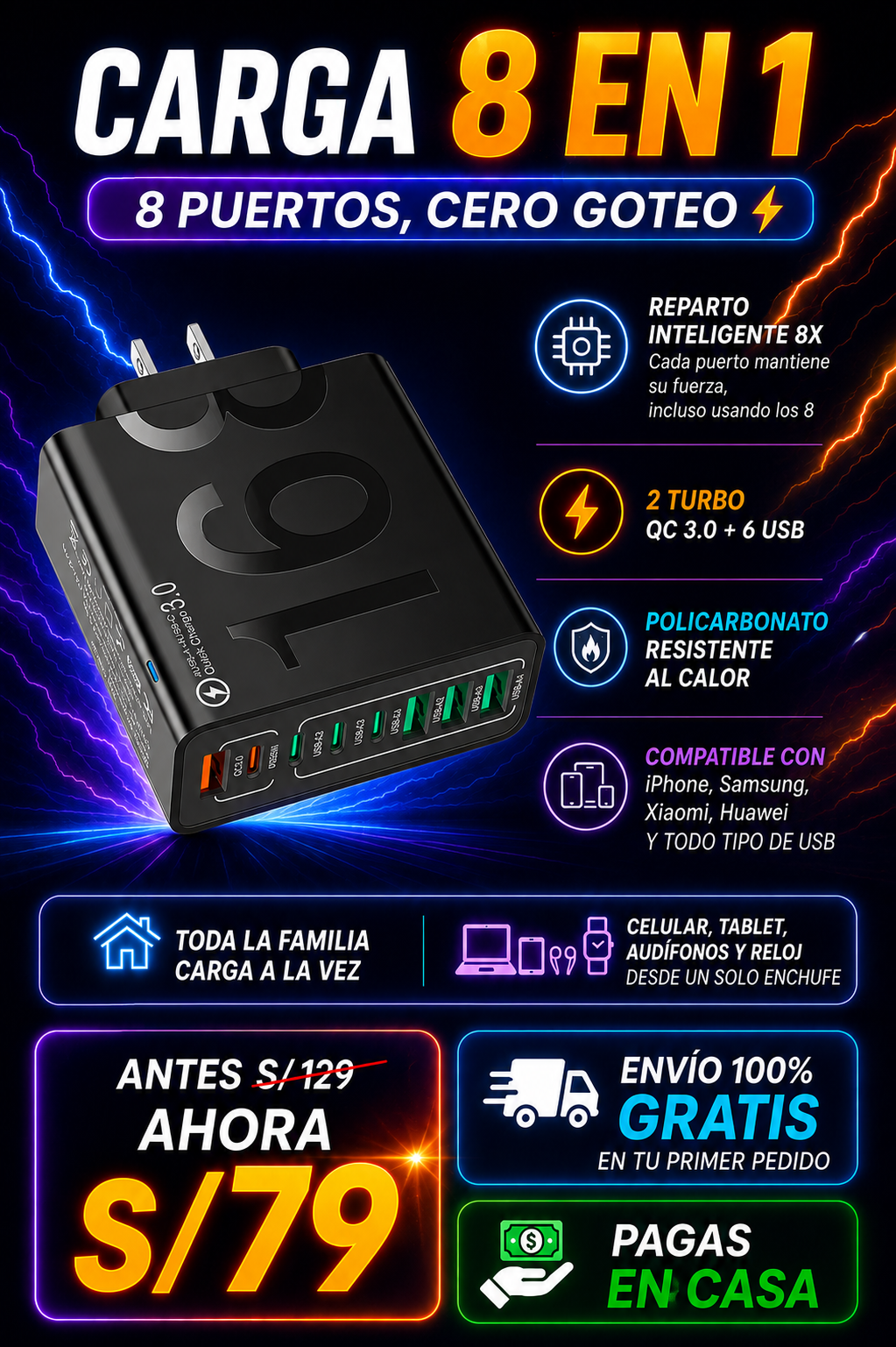 Carga 8 en 1 — 8 puertos, cero goteo ⚡